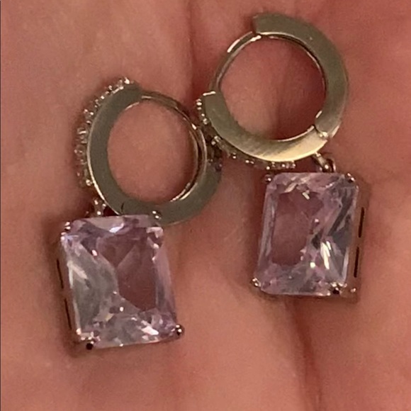 Sapphire Square Huggie Hoop Drop Earrings - Picture 3 of 5